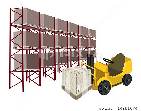 Forklift Truck Loading A Shipping Box in Warehouse 14391674