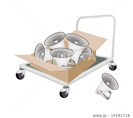 Hand Truck Loading Megaphones in Shipping Box Hand Truck Loading Megaphones in Shipping Box 14391718