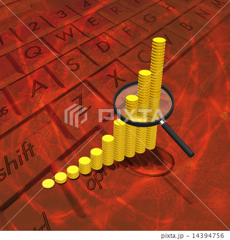 金貨の業績グラフと拡大鏡 14394756