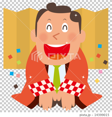 在金折疊屏幕前面招呼的紅色帽子的男性職員 14399015