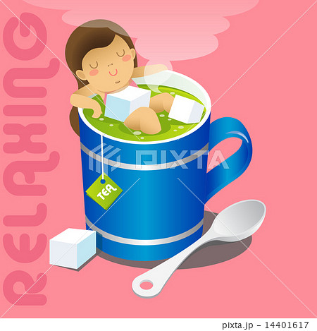 girl in blue mug of hot gree tea girl in blue mug of hot gree tea 14401617