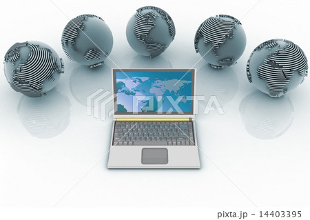 Laptop and globes. Conception global computer netw 14403395