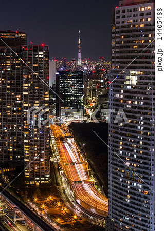 首都高の光跡とスカイツリー 14405488