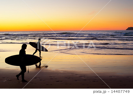 Surfers at sunset, Portugal 14407749