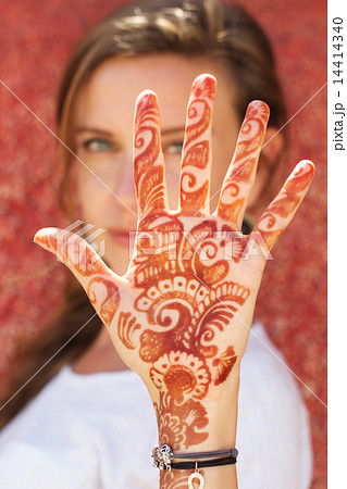 Mehendi on the hand of pretty girl 14414340