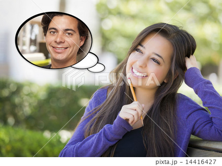 Pensive Woman with Handsome Young Man Thought Bubble 14416427