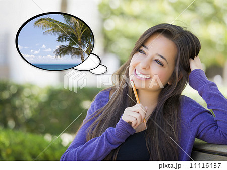 Pensive Woman with Tropical Scene Inside Thought Bubble Pensive Woman with Tropical Scene Inside Thought Bubble 14416437