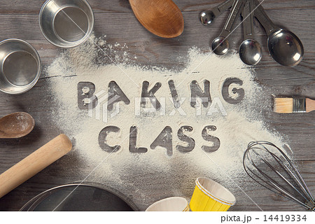 Word baking class written in white flour 14419334