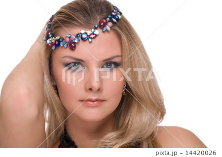 Closeup portrait of woman with adornment in hair 14420026