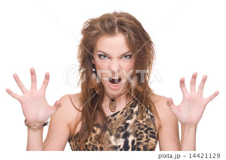 Closeup portrait of young angry savage woman 14421129