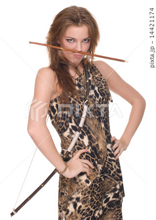 Closeup portrait of young savage woman with bow 14421174