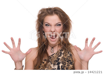 Closeup portrait of young angry savage woman 14421221