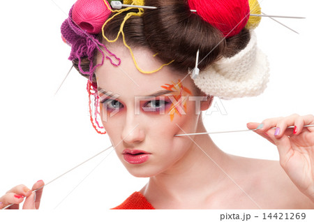 Closeup fashion woman with color face art in knitting style Closeup fashion woman with color face art in knitting style 14421269