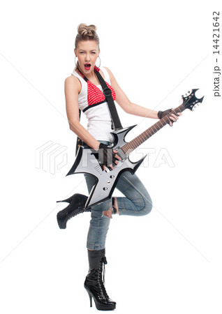 Young rock woman with electric guitar Young rock woman with electric guitar 14421642
