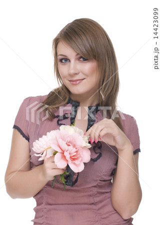 Close up portrait of young beautiful woman with flower Close up portrait of young beautiful woman with flower 14423099