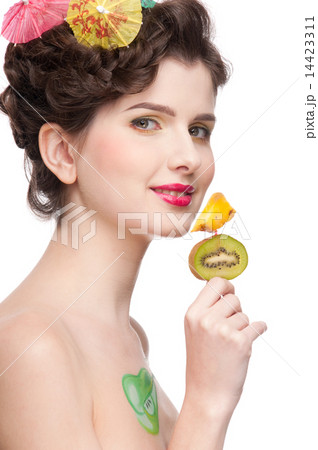 Close up portrait of beauty woman with fruit bodyart and fruit c Close up portrait of beauty woman with fruit bodyart and fruit c 14423311
