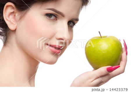 Close up portrait of beauty woman with green apple. Close up portrait of beauty woman with green apple. 14423379