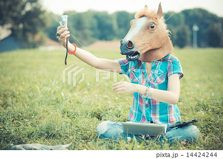 horse mask unreal hipster woman using technology horse mask unreal hipster woman using technology 14424244