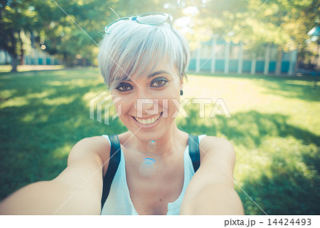 young beautiful short blue hair hipster woman selfie young beautiful short blue hair hipster woman selfie 14424493