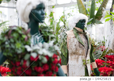 Statues wearing clothes made of colorful Christmas flowers displayed at Allan Gardens, Toronto, Ontario, Canada Statues wearing clothes made of colorful Christmas flowers displayed at Allan Gardens, Toronto, Ontario, Canada 14425815