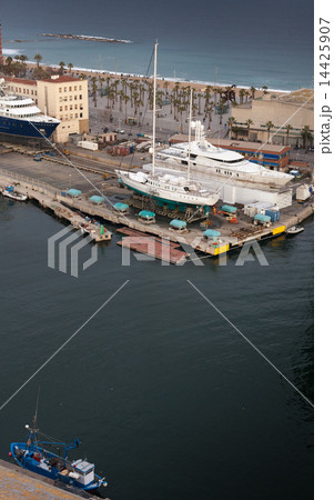 High angle view of Yacht at marina, Barcelona, Catalonia, Spain High angle view of Yacht at marina, Barcelona, Catalonia, Spain 14425907