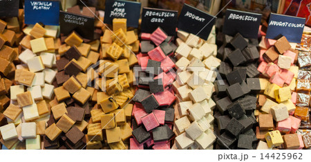 Variety of sweets at a market stall, La Boqueria Market, Barcelona, Catalonia, Spain 14425962