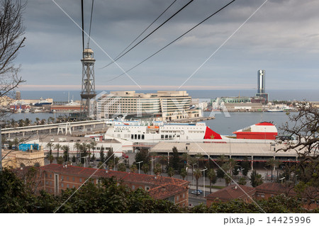 View of World trade center from overhead cable car, Barcelona, Catalonia, Spain View of World trade center from overhead cable car, Barcelona, Catalonia, Spain 14425996