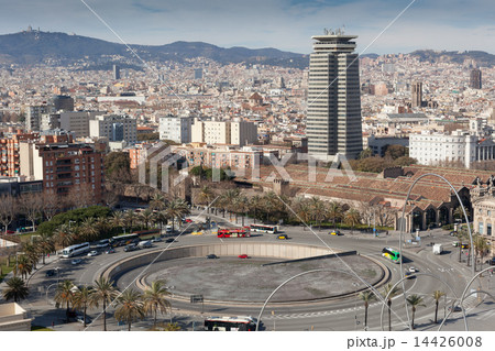 Aerial view on City of Barcelona with roundabout which is near the sea port, Barcelona, Catalonia, Spain 14426008