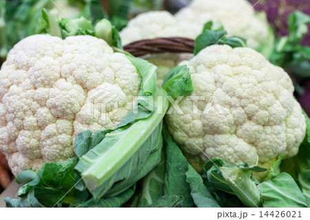 Close-up of organic cauliflowers for sale at a market stall, La Boqueria Market, Barcelona, Catalonia, Spain Close-up of organic cauliflowers for sale at a market stall, La Boqueria Market, Barcelona, Catalonia, Spain 14426021