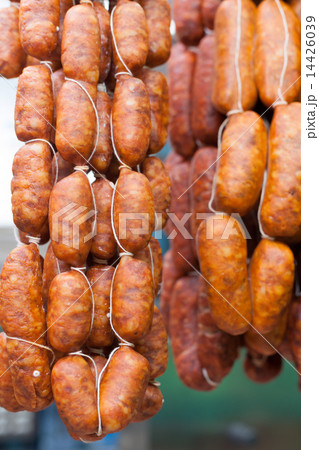 Close-up of sausages hanging for sale at market, La Boqueria Market, Barcelona, Catalonia, Spain 14426039
