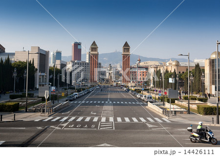 Road leading towards venetian towers against clear sky, Barcelona, Catalonia, Spain 14426111