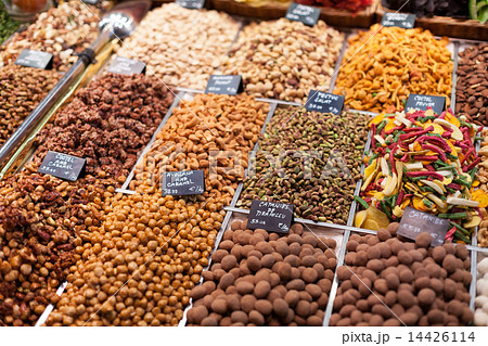 Display of dry fruits for sale at market, La Boqueria Market, Barcelona, Catalonia, Spain 14426114