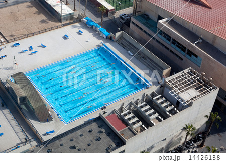 High angle view of hotel with swimming pool, Barcelona, Catalonia, Spain 14426138