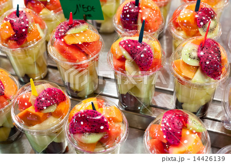 Close-Up of Packed fruits for sale at market, La Boqueria Market, Barcelona, Catalonia, Spain Close-Up of Packed fruits for sale at market, La Boqueria Market, Barcelona, Catalonia, Spain 14426139