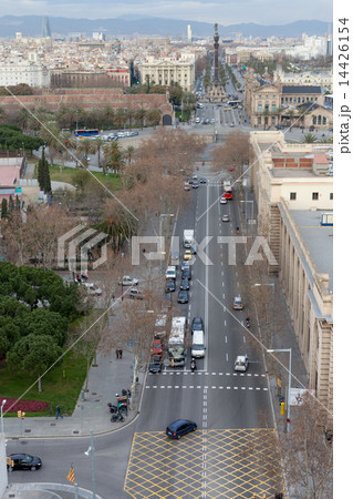 Overview of city and Christopher Columbus at the lower end of La Rambla, Spain, Barcelona, Catalonia, Spain 14426154