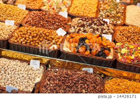 Display of dry fruits for sale at a market, La Boqueria Market, Barcelona, Catalonia, Spain Display of dry fruits for sale at a market, La Boqueria Market, Barcelona, Catalonia, Spain 14426171