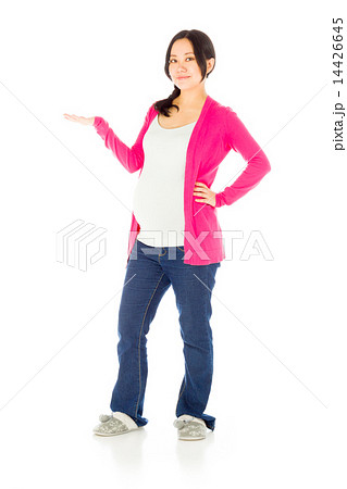 Pregnant asian woman isolated on white presenting showcasing 14426645