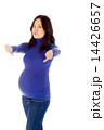 Pregnant asian woman isolated on white negative with fingers dow 14426657