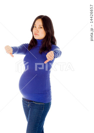 Pregnant asian woman isolated on white negative with fingers dow Pregnant asian woman isolated on white negative with fingers dow 14426657