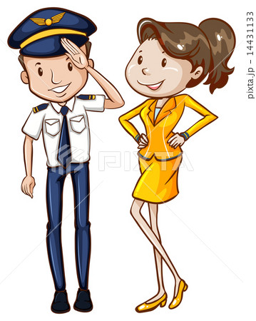 A simple coloured sketch of a pilot and a hostess 14431133