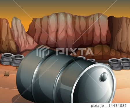A desert with a barrel and tires 14434885
