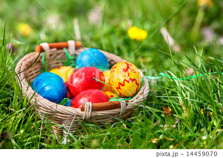 Easter eggs in basket on green grass. Easter eggs in basket on green grass. 14459070