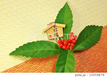 年賀背景素材・センリョウに招福絵馬・金和紙バック横位置アップ・ハガキ対応比 14459679