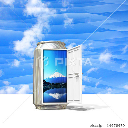 清涼飲料の缶に開いた扉から見える富士山 14476470