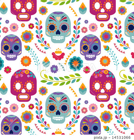 Mexico Pattern With Skull And Flowersのイラスト素材