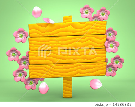 Cherry Blossoms And Brown Wood Billboard On Green 14536335