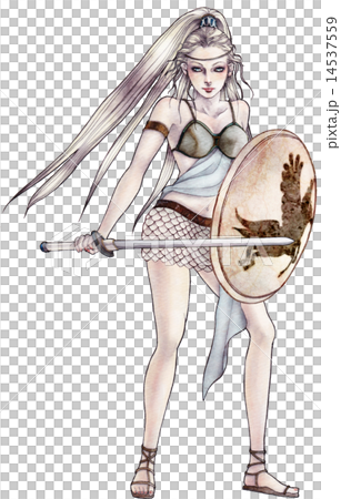 盾と剣を構えた銀髪で長髪の女戦士のイラスト素材