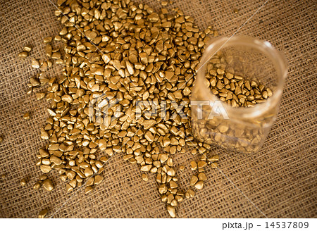 golden nuggets and empty bullion lying on burlap golden nuggets and empty bullion lying on burlap 14537809