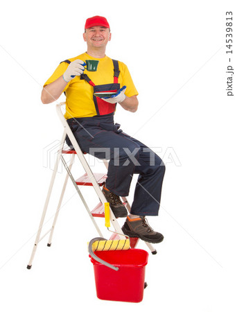 Worker on ladder with cup of tea. Worker on ladder with cup of tea. 14539813