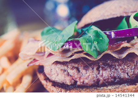 Burger and french fries close up on vintage style. 14541344